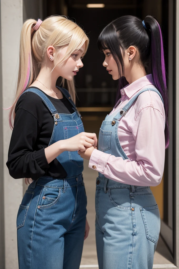 Two girls looking at each other surreptitiously, a blonde in overalls and one in pants and a blouse with black hair, a purple streak and an ear piercing with blue and pink lines running between them.