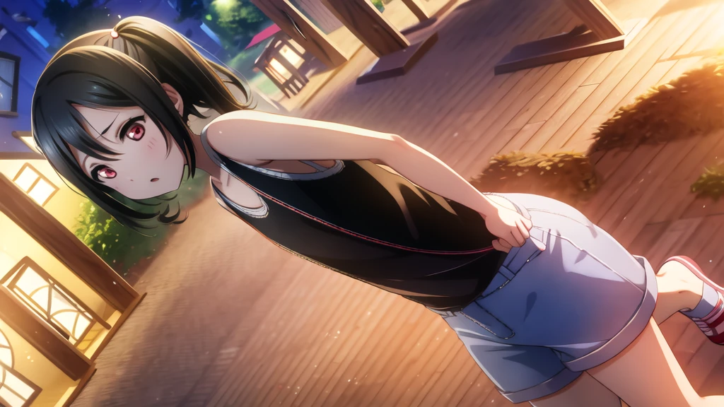 Yazawa nico, Twin tails,Red eyes,((Mid-chest, Tomboy, Small Head)), Dawn, sunlight, (Trained abdominal muscles : 1.1), (Perfect body : 1.1), (Short Wavy Hair : 1.2) , Auburn Hair, collar, Lock, Full Body Shot, Crowded street, Wearing a black tank top, Jeans jacket, ((Shorts)), (Highly detailed CG 8K wallpaper), (Very delicate and beautiful), (masterpiece), (Highest quality:1.0), (ultra High resolution:1.0),  Beautiful lighting ,Perfect Lightning, Realistic Shadows, [High resolution], Detailed skin, Super detailed