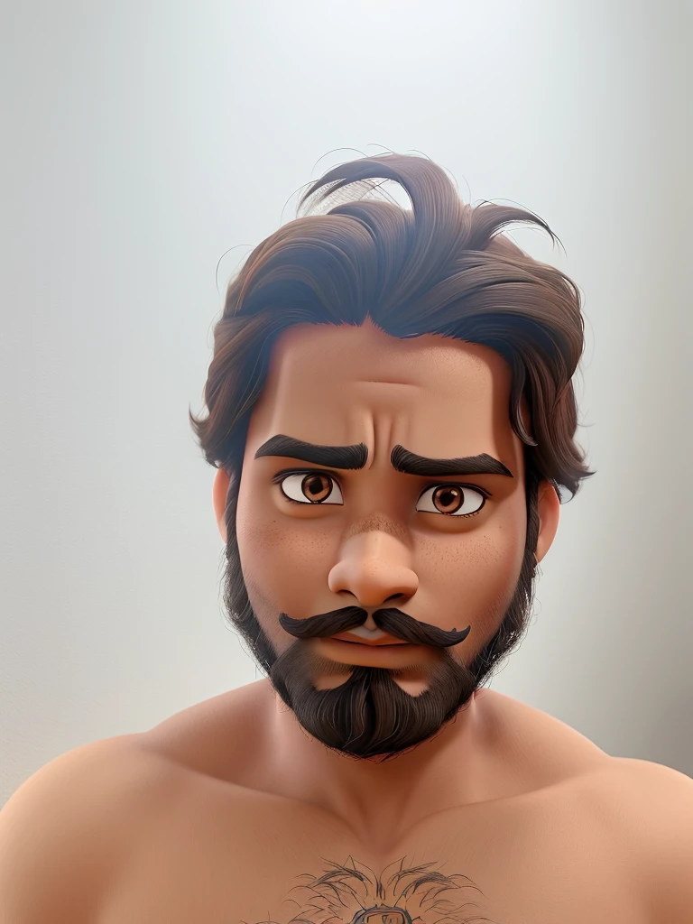 Boy with dark brown eyes, hair, beard and mustache, dark skin, features of an Indian prince, face a little round, serious countenance, penetrating gaze, looking like a Disney Aladdin.