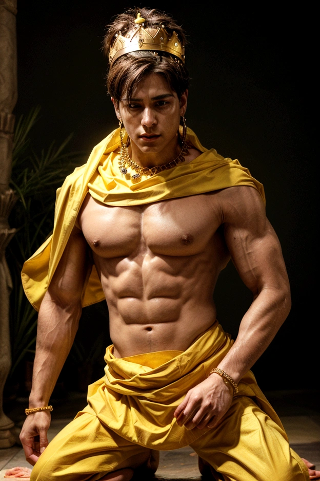 Make him a knight who wears jewelry on his body and wears yellow cloth from his hips to his knees. The jewelry is on his left and right biceps and there is jewelry on his head.