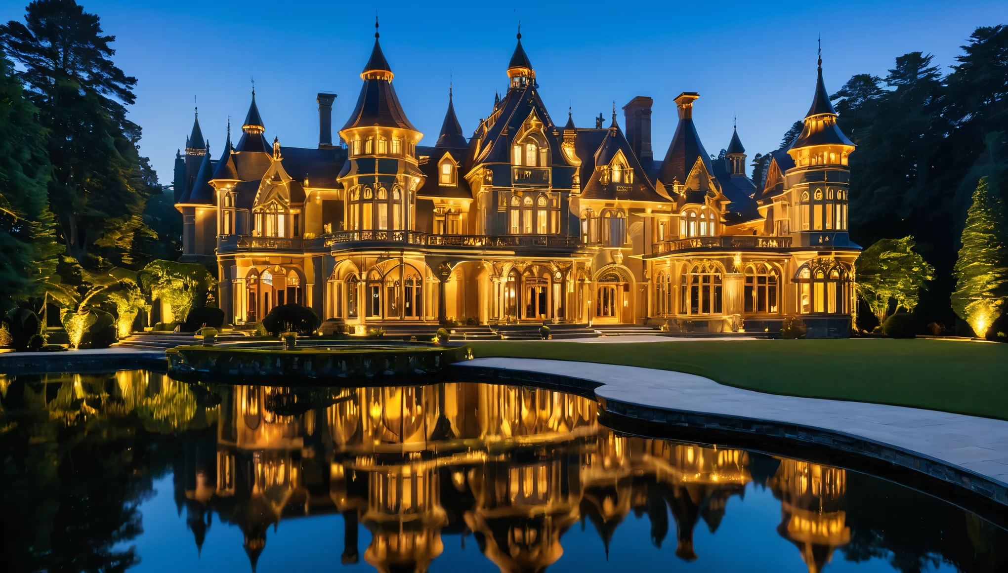 An intricately designed, glowing wooden mansion sits majestically on a serene lake. The mansion, with its polished and ornate architecture, is illuminated warmly from within, casting a mesmerizing reflection on the calm water below. The structure features multiple turrets, arched windows, and decorative spires, creating a jewel-box effect. The scene is set against a dark, tranquil night sky, enhancing the golden glow emanating from the mansion's lights. The surrounding area is dotted with lush trees, their shadows adding depth to the peaceful ambiance