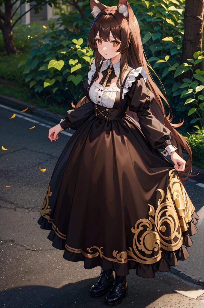 1woman, brown hair, gold eyes, wolf ears, wolf tail, maid dress, standing on ground, high res, ultra sharp, 8K, masterpiece