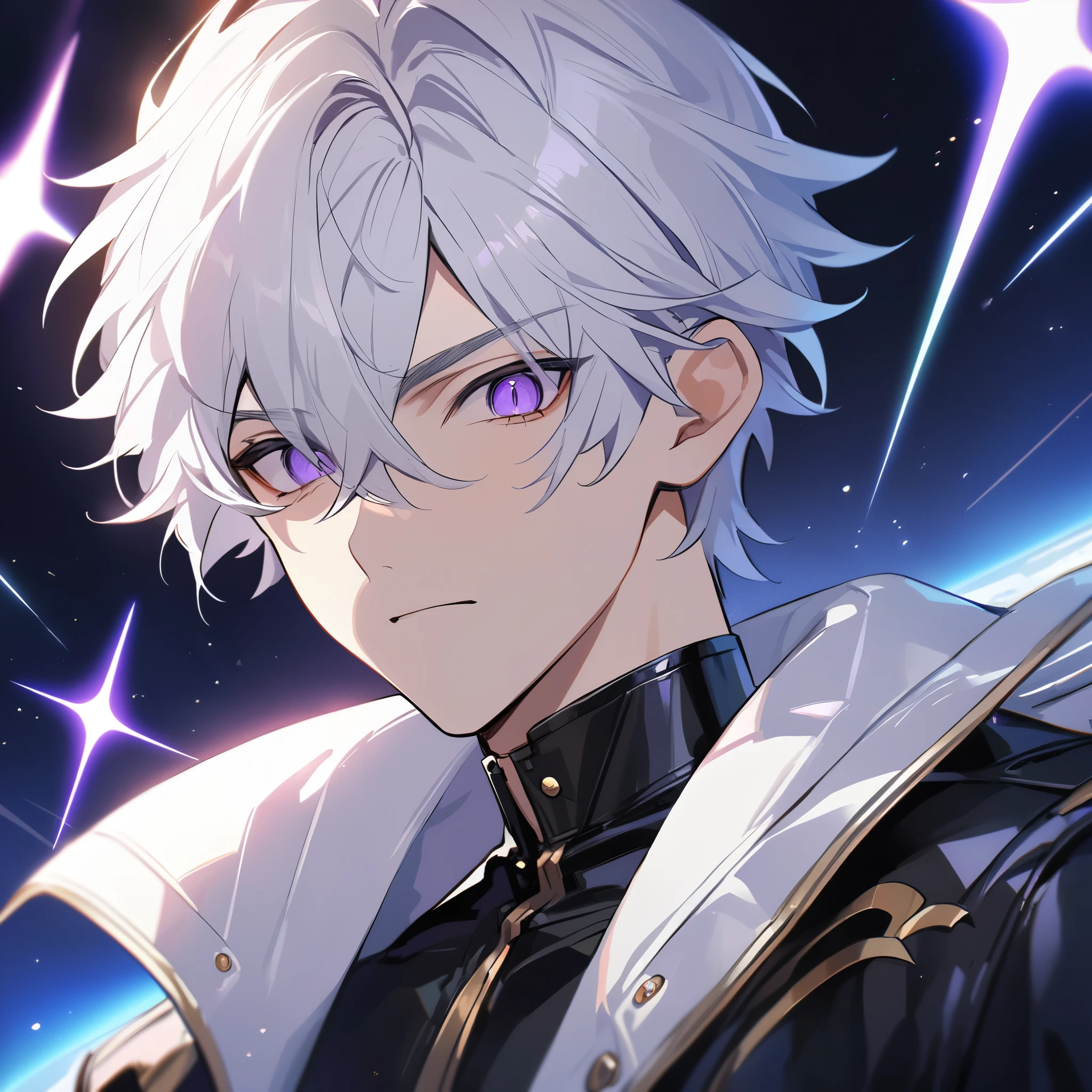 High quality, HD, 4k, no shadows, handsome male, 1male, 17 years old, teenager, golden lining, short white hair, sharp eyes, dark purple eyes, deep purple eyes, devil may cry, close up, calm expression, stoic expression, black leather clothes, white leather clothing, lean body, well trained body, upper body, looking at viewer, cowboy shot, white solar, space background