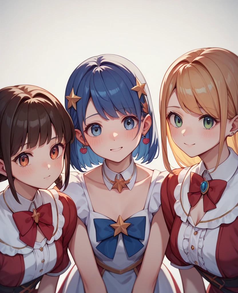 Highest quality, Very detailed, masterpiece, anime,Highest quality,Japanese ,Three Girls,Holiday outings,Transparent haori,Browsing Caution,Magical girl、Upper Body、Close Contact、lure、Provocative look、Leaning forward、bring your chest to the center