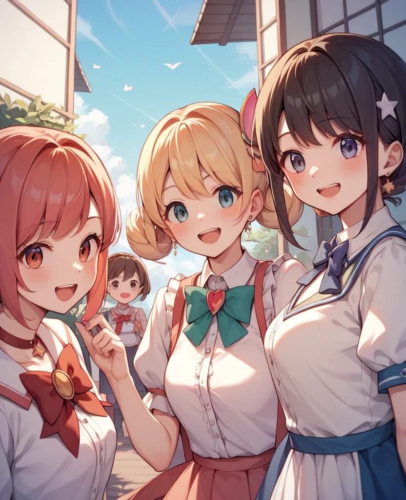 Highest quality, Very detailed, masterpiece, anime,Highest quality,Japanese ,Three Girls,Holiday outings,Transparent haori,Browsing Caution,Magical girl、Upper Body、Close Contact、lure、Provocative look、Leaning forward、bring your chest to the center