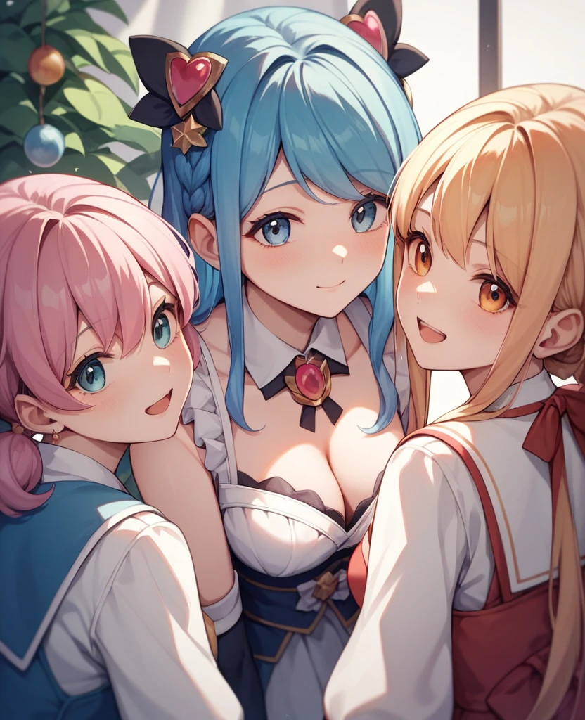 Highest quality, Very detailed, masterpiece, anime,Highest quality,Japanese ,Three Girls,Holiday outings,Transparent haori,Browsing Caution,Magical girl、Upper Body、Close Contact、lure、Provocative look、Leaning forward、bring your chest to the center