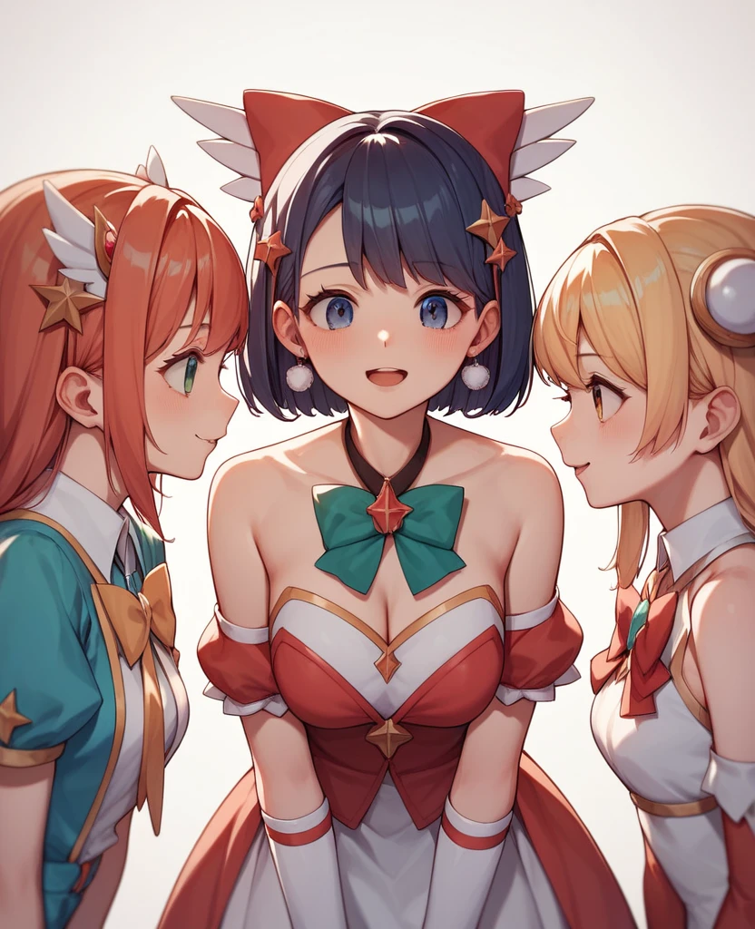 Red hair, NSFW, breast, wide hips, knee high socks, bikini armor, pony tail, thong, collar, wolf ears, cute, blue eyes, duo, two woman, cute, female with blue hair, female with red hair, plains, flowers, softly colors, smiling, smile, happy, female with yellow hair
