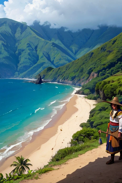 The background must be the Colonche mountain range reaching the coast, arriving at the beach, but let the mountains be seen, You can see a pre-Inca town with huts with thatched roofs and construction with guadua cane, women dressed in typical indigenous clothing from the coast of Ecuador, The upper part of the clothing is that it covers the bust with rags and a tail cover at the bottom carrying clay vessels as pots to carry water they carry it on their shoulders and you should see the men working dressed in typical indigenous clothing. Ecuador coast of South America with only a loincloth at the bottom and a tribal chief with clothes with gold work and jewelry that shows the entire set of people scattered in the image