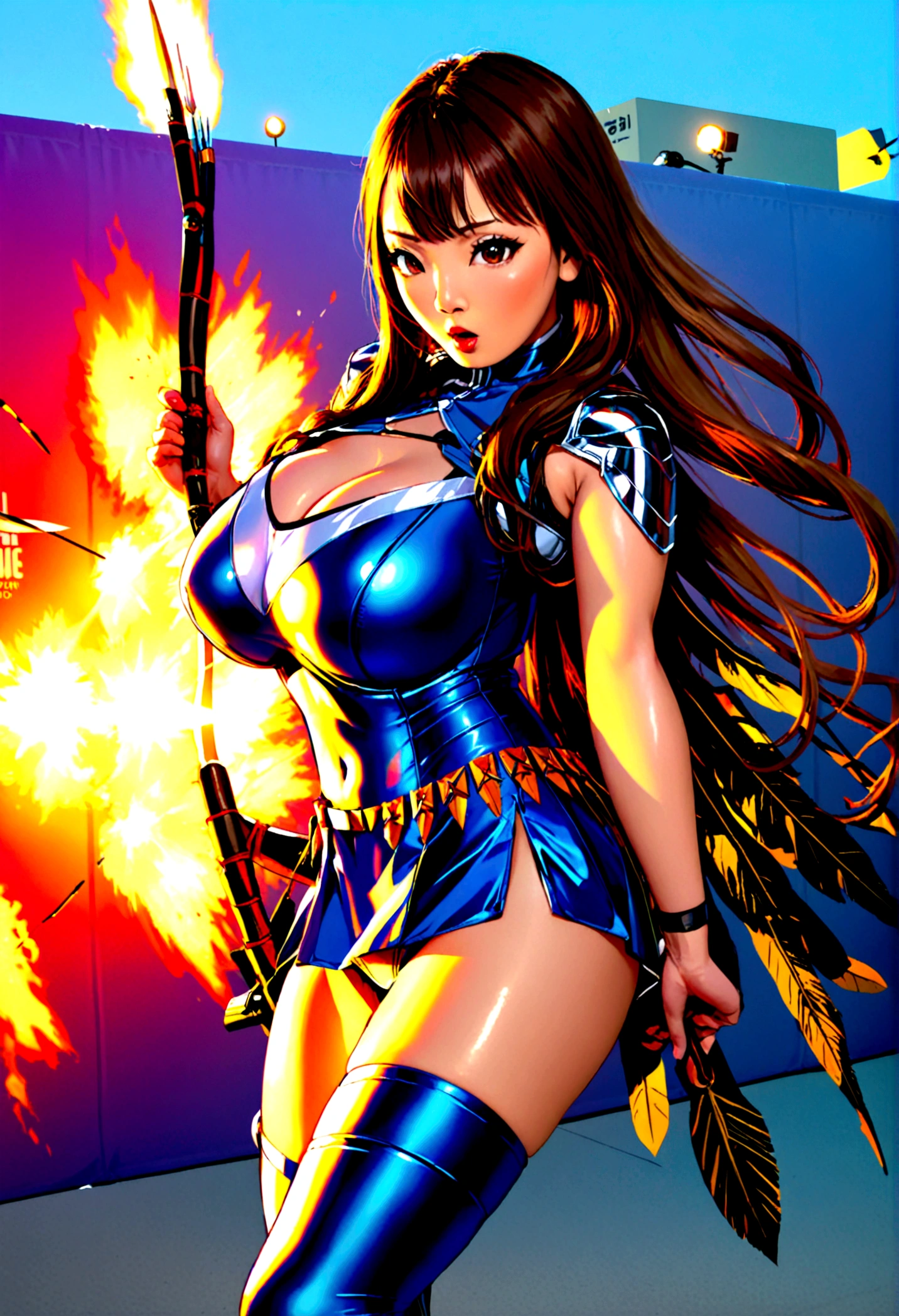 A cute woman (Hitomi Tanaka) is in costume as Marvel's Hawk Eye. she has her bow slung and a quiver full of arrows. Striking cool poses at Comic Con
