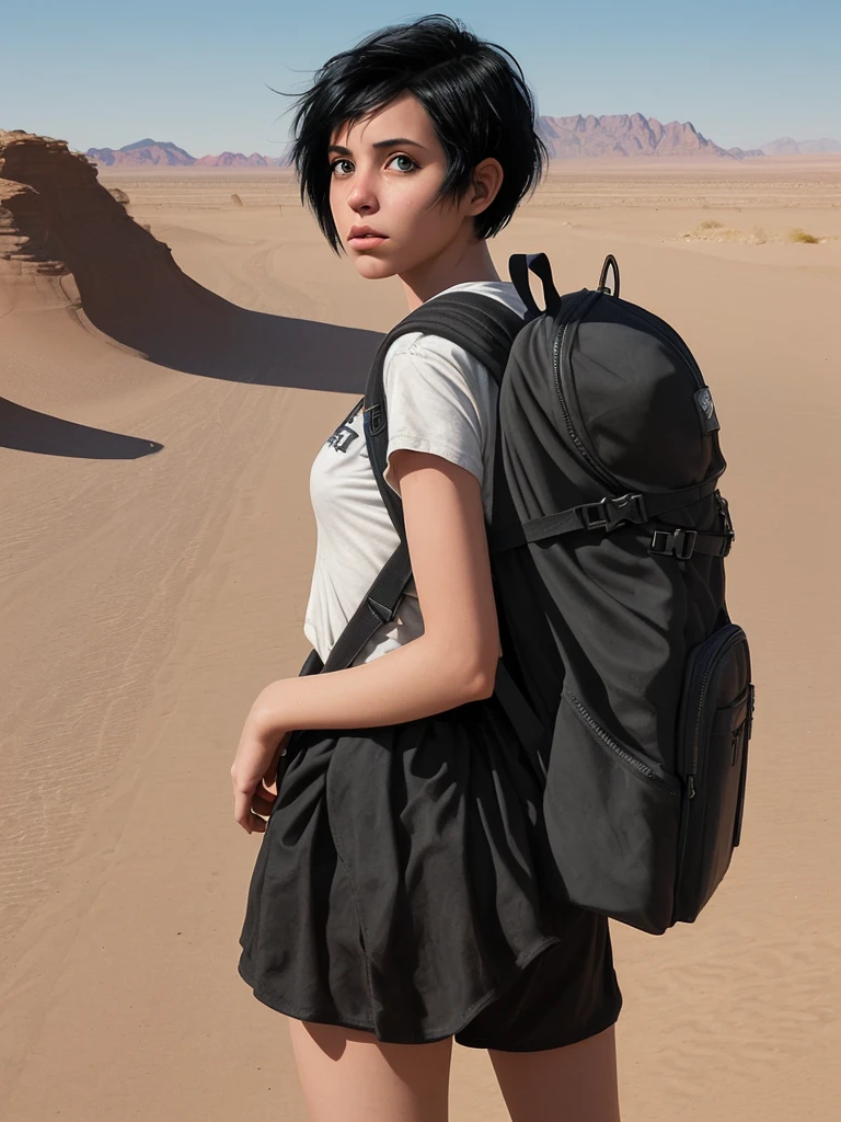 Science fiction.
Girl with short black hair.
With backpack on the back. 
Travel on a road in the desert. 