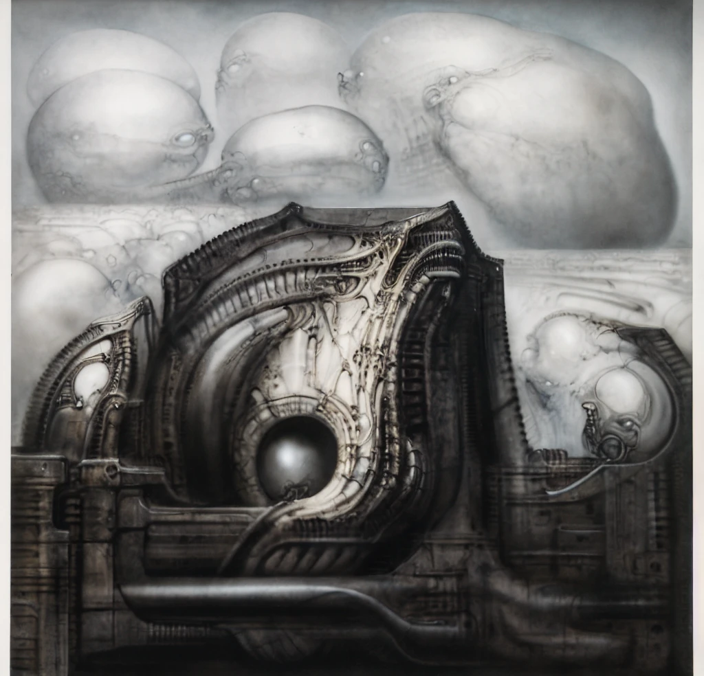 Giger_style, The image is a detailed view of H.R. Giger's \" Landscape XVI \" plate, featuring a complex network of bones and organs in a purple-brown hue ,swirling gray and brown colors. The artwork is silver and purplish brown, with an ivory bones prominently displayed. The image is highly detailed and intricate, almost like a 3d version of a medical sketch.
The piece is a tableau, most likely created with a India ink pen or pencil on paper, determined by the thin lines, shading techniques, and the texture of the paper, which is visible around the edges. Used is pen, given the shading and variations in line weight visible in the image. One have used a variety of pencils with different degrees of hardness to achieve the shading effects.

Giger_style, A painting of (biological style scenery), (neoplasticism:liminal void:0.1),a machine inside of a building, dieselpunk biological living, colossal,mechano-organic, infestations over beomesurreal biomechanical landscape, , robotics cross sections, ((perspective)), h r giger's city,giger_style, by (hariton pushwagner:h.r. giger:0.4), detailed innards,(((cleen colors palette,saturated, silver crimson and gold, intoxicatingly blue and understand grey))), (process art:deconstructivism), allegory of sin,infinitely detailed ultrafine and contrast organic textures,big painting,, medium: airbrush, biomech, aerial view yoji shinkawa, award winning on artforum, (( high contrast)), trend on quality of details,colorized.

The art performance showcases the artist’s skills in observation and rendering. The level of detail in the piece suggests a close study of real bone specimens and anatomy. The artist has skillfully used shading techniques to create a convincing illusion of three-dimensionality on a flat surface.The wrinkles and cracks in the surface, and the cast shadows with accuracy, used shading techniques to create a realistic depiction of light and shadow on the objects. This creates a sense of depth and dimension in the image