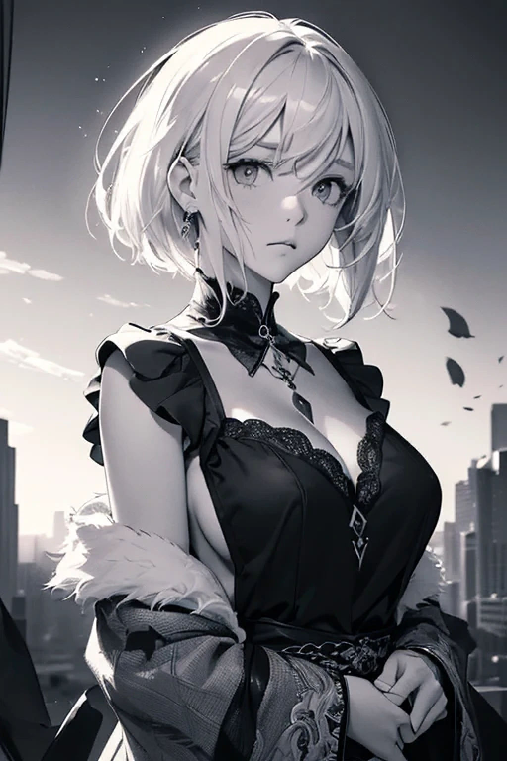 ((monochrome))(Image from chest up:1.4)((masterpiece:1.5,Highest quality,Beautiful images、Sketch、2.5D、Ink Painting、Abstract、Artistic、Portraiture))(1girl, solo)(medium breasts, white hair、bob hair、Beautiful cleavage、Exposing shoulders)(Profile Portrait,Gaze sideways、Gaze diagonally、Shake your head、A sad expression, floating hair)(Monotone artistic background)from side