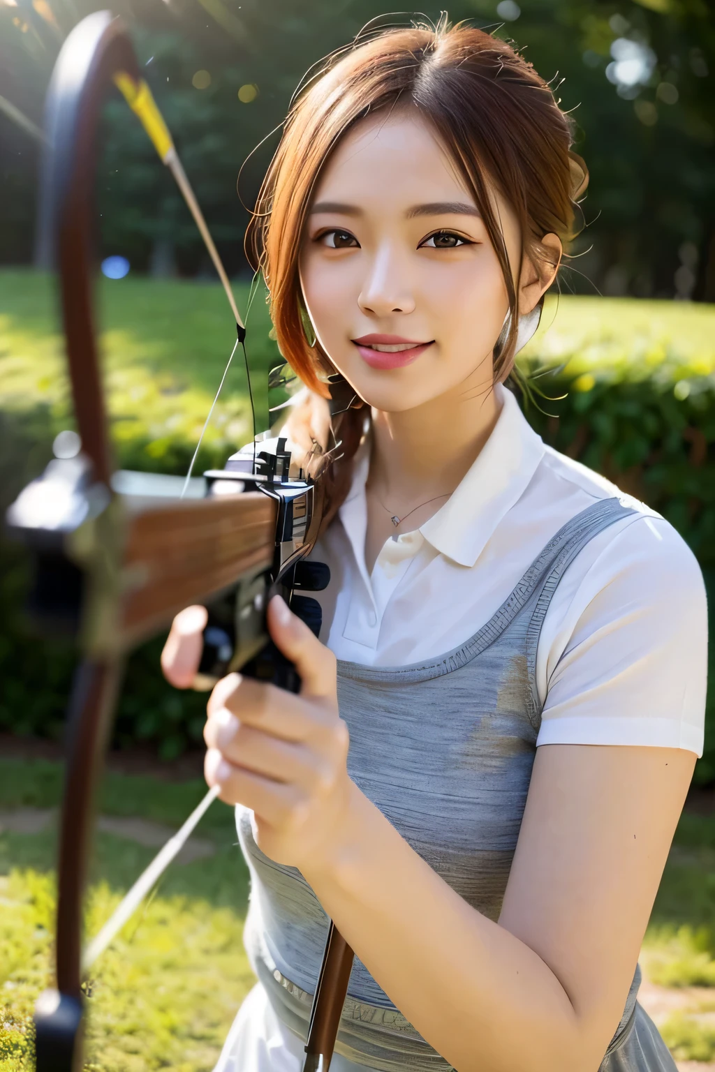 (Best Quality,4K,8K,hight resolution,masutepiece:1.2),Ultra-detailed,Realistic,Extremely detailed, Colorful tones, Soft lighting smile,((Archer)),((Shooting Bow))