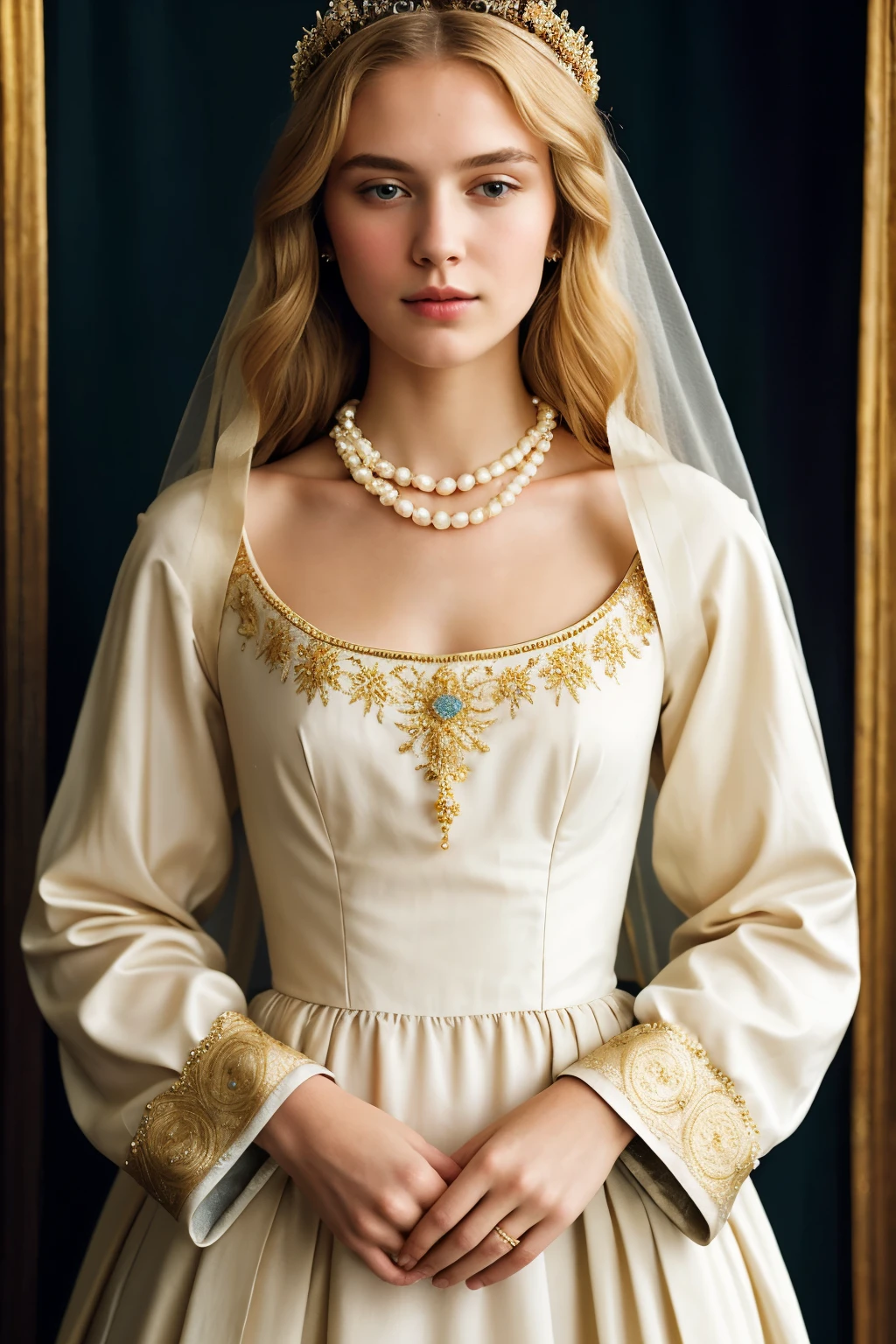 ((Best Quality)), ((Masterpiece)), (detailed),
"Generates an image of an 18-year-old medieval woman, inspired by Blanche of Burgundy. She has golden blonde hair, elegantly styled and adorned with a subtly decorated crown. His face is serene and refined, with deep blue eyes that reflect his intelligence and nobility. She wears a noble cut dress, with long sleeves and tight to the body, adorned with delicate embroidery and floral motifs. In his neck, she wears a necklace of finely crafted pearls. Her posture is regal and her presence radiates grace and dignity., typical of a medieval court noble."