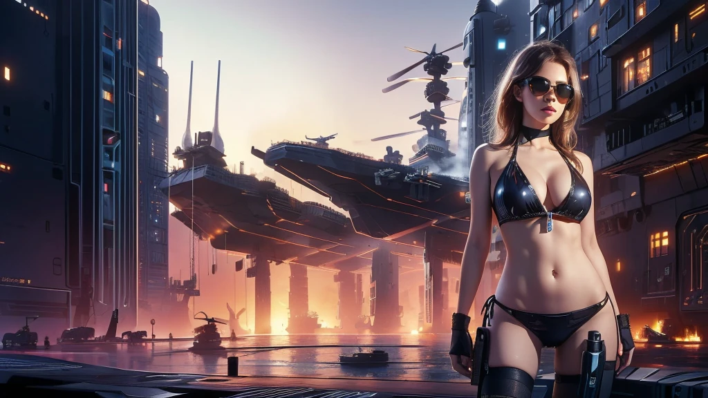 (((a large-breast bikini slim GIRL with black (micro) sunglasses))), (((((aiming at viewer with a pistol))))), a balcony of a futuristic building, aerial view of an ultra-futuristic megalopolis, metal buildings and houses in dark colors from dark blue to black, shades of metal gray, smoky metal structures, industrial environment with smoke and fog around, dark cars on the streets, desert megalopolis, modern metal rails and trains passing through, tall futuristic metal buildings, ultra modern buildings, (((((futuristic aircraft carrier))))), realistic, detailed, sci-fi.