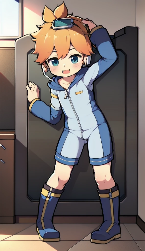 2D Boy Shota，One-piece mountaineering suit，Slim, healthy body，Put the headphones on your head，stand up，goggles，Rabbit ears，happy，Sailor collar，tie，Zipper pulled down，boots，hood，classroom