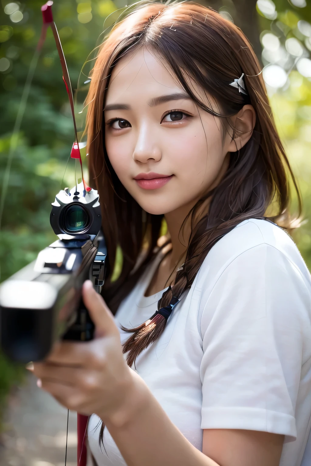 (Best Quality,4K,8K,hight resolution,masutepiece:1.2),Ultra-detailed,Realistic,Extremely detailed, Colorful tones, Soft lighting smile,((Archer)),((Shooting Bow))