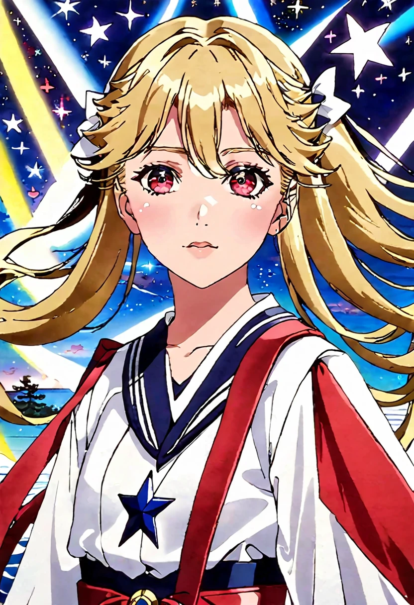 Blonde、Side Tail、high school girl、Red Eyes、Sailor suit、(A star in the left eye:1.3)