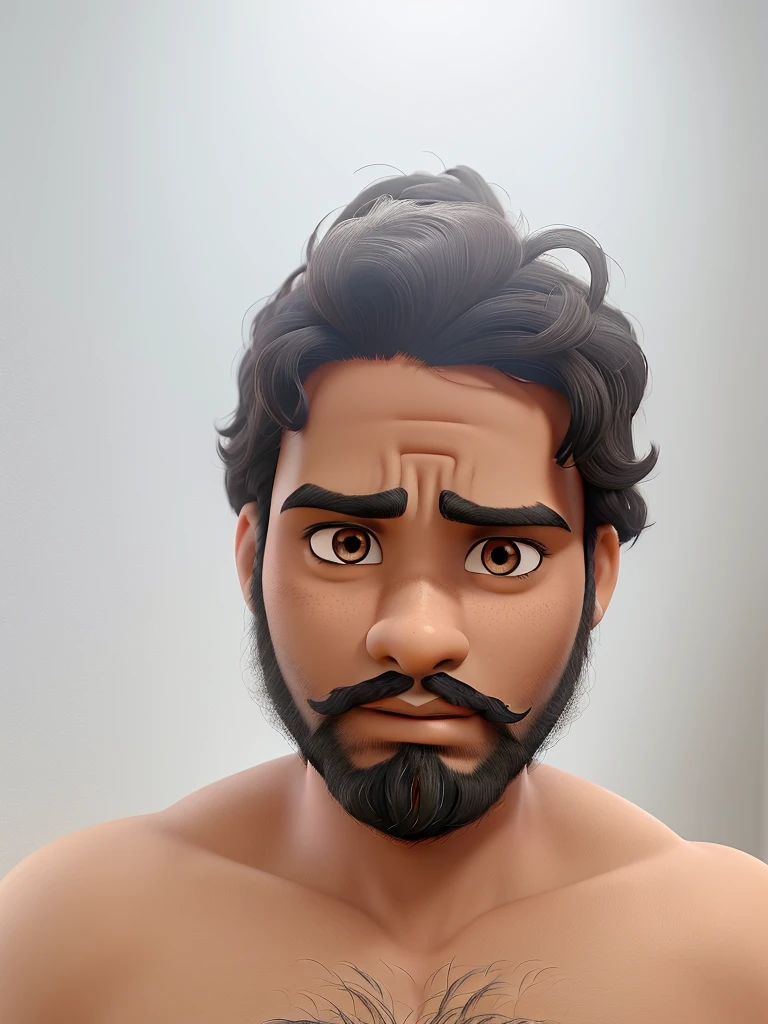 Boy with black eyes, hair, beard and mustache, dark skin, features of an Indian prince, face a little round, serious countenance, penetrating gaze, looking like a Disney Aladdin.