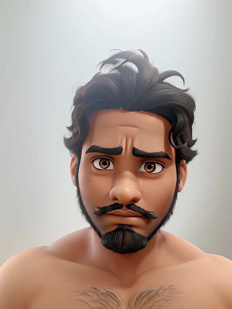 Boy with black eyes, hair, beard and mustache, dark skin, features of an Indian prince, face a little round, serious countenance, penetrating gaze, looking like a Disney Aladdin.