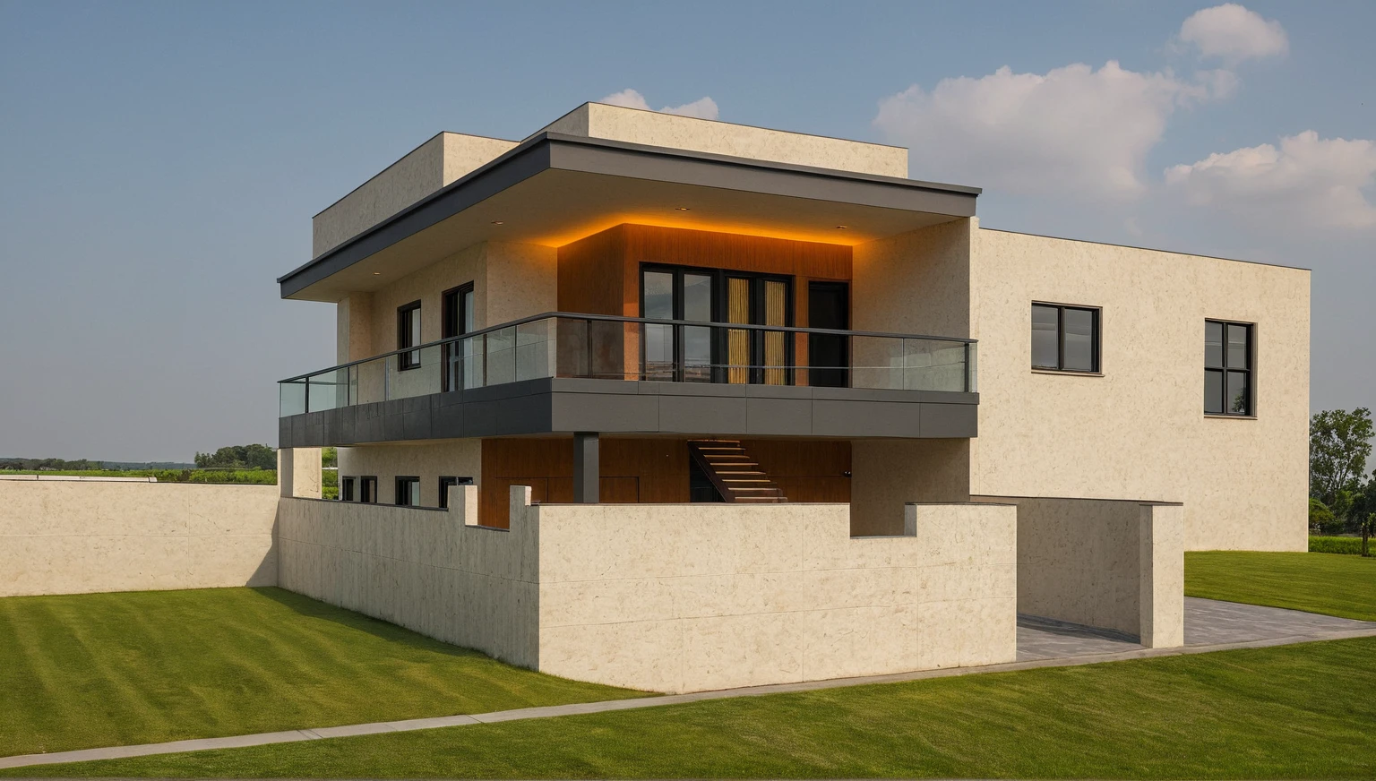 head of'artwork, High quality, best quality, authentique, great detail, En plein air, villa de plain-piedXL, credit group, style de maison moderne dans la rue ,stairs, white wall ,road,pavement, grass, trees, sky, nuvens, (day light:1.1)