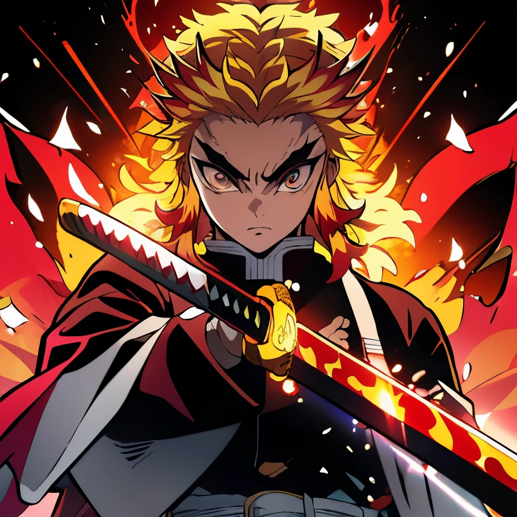 Masterpiece、Anjuro Purgatory、Rengoku、Yellow and red hair、Serious face、Japanese sword、Burning Background、Upper Body