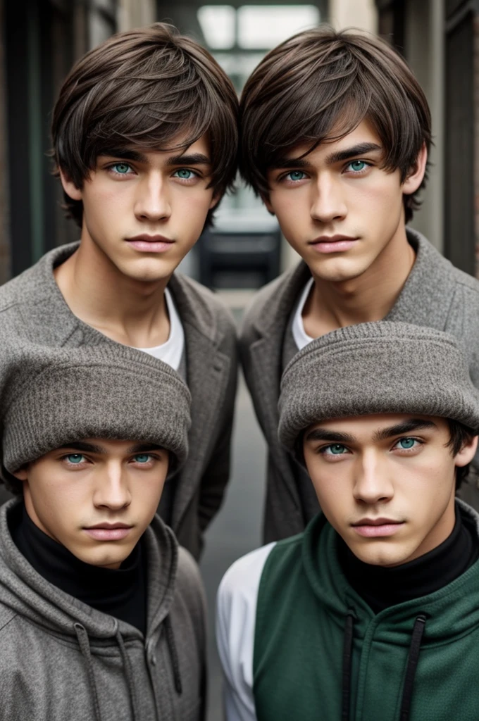 male twins, gray and brown hair, green and black eyes, cool