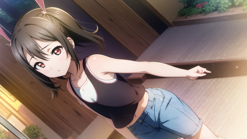 Yazawa nico, Twin tails,Red eyes,((Mid-chest, Tomboy, Small Head)), Dawn, sunlight, (Trained abdominal muscles : 1.1), (Perfect body : 1.1), (Short Wavy Hair : 1.2) , Auburn Hair, collar, Lock, Full Body Shot, Crowded street, Wearing a black tank top, Jeans jacket, ((Shorts)), (Highly detailed CG 8K wallpaper), (Very delicate and beautiful), (masterpiece), (Highest quality:1.0), (ultra High resolution:1.0),  Beautiful lighting ,Perfect Lightning, Realistic Shadows, [High resolution], Detailed skin, Super detailed