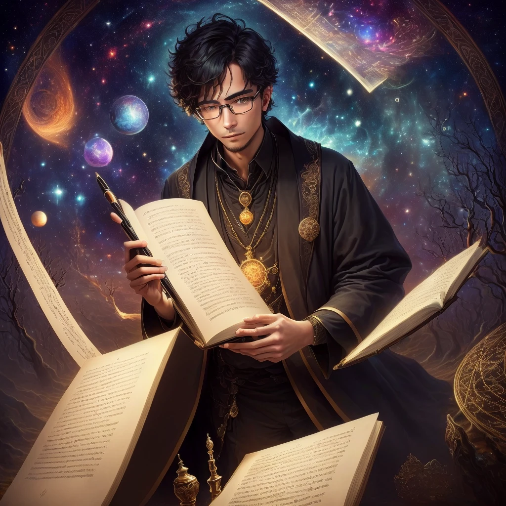 a handsome genius,male focus,Asia,30 years old, solo,black and short hair,with a stern demeanor and a pair of glasses perched on his nose, exudes a complex aura of a mathematician and poet. His demeanor is reminiscent of a thoughtful explorer navigating the realm of mathematics, challenging endless puzzles with pure logic and reason. His glasses are more than an accessory, reflecting his inner world of complexities and depths. His eyes are filled with curiosity for the unknown and pursuit of the truth, and every movement, every thought, is like weaving a profound poem. His hand is often grasping a pen, its tip as magical as a wand, employed to craft complex mathematical equations or to inscribe profound poetry. His words, like his penmanship, are laden with insight and meaning, just as they carry ancient quotations, evoking both emotions and thought. Surrounding him can be found a mishmash of mathematical concepts, scientific disciplines like astronomy and occultism, poetry and literature arts, and even music. The books, charts, telescopes, mysterious talismans, old poetry manuscripts, all serve as his treasure trove, tools for exploring the world and understanding life. In his musical world, he enjoys playing deep and lingering melodies, his tunes imbued with philosophical insights and poetic sentiments. He knows how to translate mathematical formulas into notes, transform emotional verses into melodies, making him a true poet, musician, and mathematician. He is fascinating and enchanting, both unique and captivatingscience fantasy painting, in the astral plane ) ) ), visionary art style, visionary art, by Johfra Bosschart, psytrance artwork, inspired by Johfra Bosschart, ascending universes, creation of the universe, dmt art