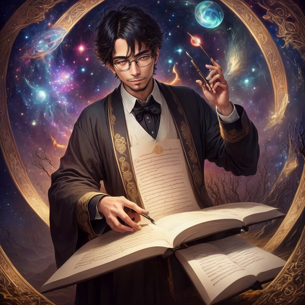 a handsome genius,male focus,Asia,30 years old, solo,black and short hair,with a stern demeanor and a pair of glasses perched on his nose, exudes a complex aura of a mathematician and poet. His demeanor is reminiscent of a thoughtful explorer navigating the realm of mathematics, challenging endless puzzles with pure logic and reason. His glasses are more than an accessory, reflecting his inner world of complexities and depths. His eyes are filled with curiosity for the unknown and pursuit of the truth, and every movement, every thought, is like weaving a profound poem. His hand is often grasping a pen, its tip as magical as a wand, employed to craft complex mathematical equations or to inscribe profound poetry. His words, like his penmanship, are laden with insight and meaning, just as they carry ancient quotations, evoking both emotions and thought. Surrounding him can be found a mishmash of mathematical concepts, scientific disciplines like astronomy and occultism, poetry and literature arts, and even music. The books, charts, telescopes, mysterious talismans, old poetry manuscripts, all serve as his treasure trove, tools for exploring the world and understanding life. In his musical world, he enjoys playing deep and lingering melodies, his tunes imbued with philosophical insights and poetic sentiments. He knows how to translate mathematical formulas into notes, transform emotional verses into melodies, making him a true poet, musician, and mathematician. He is fascinating and enchanting, both unique and captivatingscience fantasy painting, in the astral plane ) ) ), visionary art style, visionary art, by Johfra Bosschart, psytrance artwork, inspired by Johfra Bosschart, ascending universes, creation of the universe, dmt art