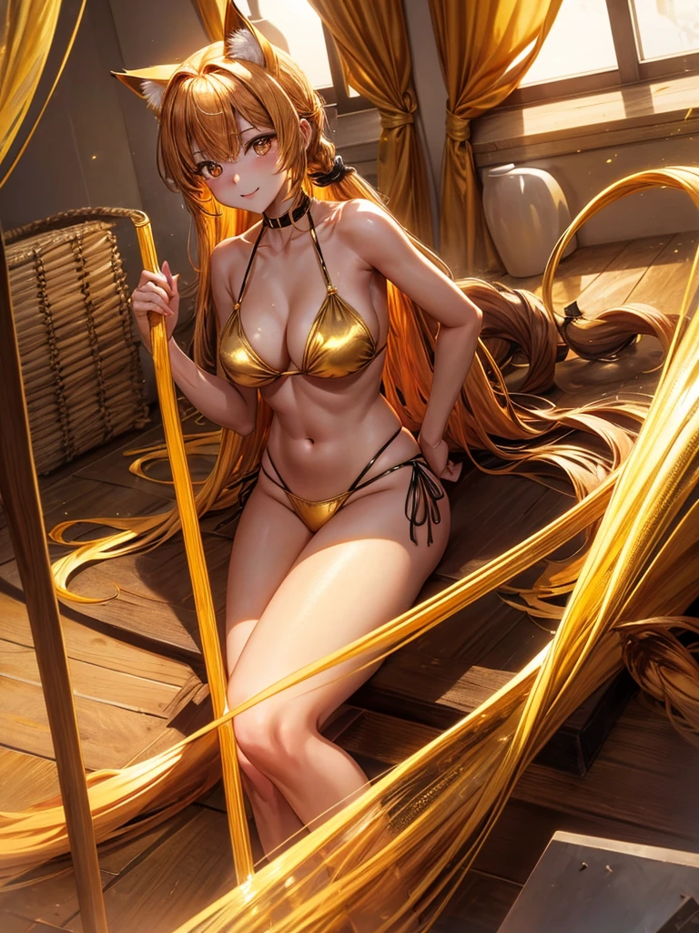 Golden long pony tail girl golden eyes golden cat ears 2 golden cat tails wearing golden bikini