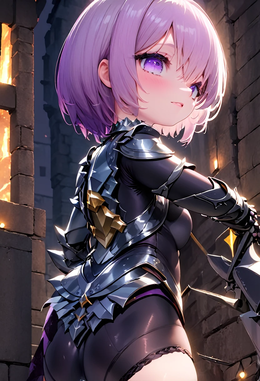 (masterpiece, top quality, best quality, beautiful and aesthetic:1.2), full body, SFW, extremely detailed, detailed face and eyes, cinematic light, depth of field, 1girl, seducing smile, solo, official, (full armored knight:1.4), dark armor, mash kyrielight, light purple hair, short hair, hair over one eye, slim body, cinematic lighting, dramatic lighting, dramatic atmosphere, hyper-realistic, high resolution, stunning contrast, high quality, best quality, 8k, 4k, intricately detailed, (amazing details:1.2), highly detailed skin, powerful presence, vibrant colors, (detailed eyes:1.2), striking eyes, (detailed background), (warzone on background, night, ruins), (dynamic angle:1.2), (dynamic pose:1.2)