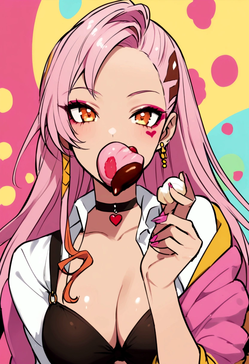 Pink hair girl, tez morena, with gyaru makeup and dressed as gyaru hime with a dessert in her hand