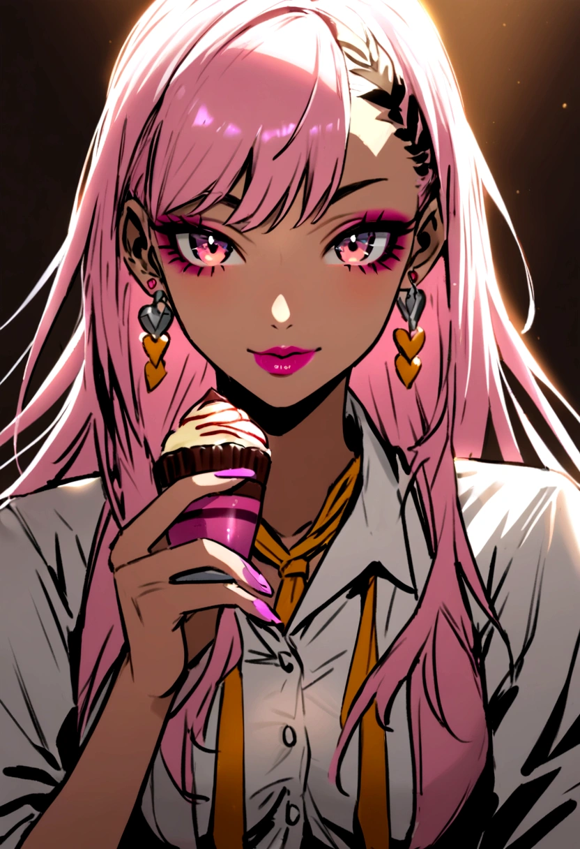Pink hair girl, tez morena, with gyaru makeup and dressed as gyaru hime with a dessert in her hand