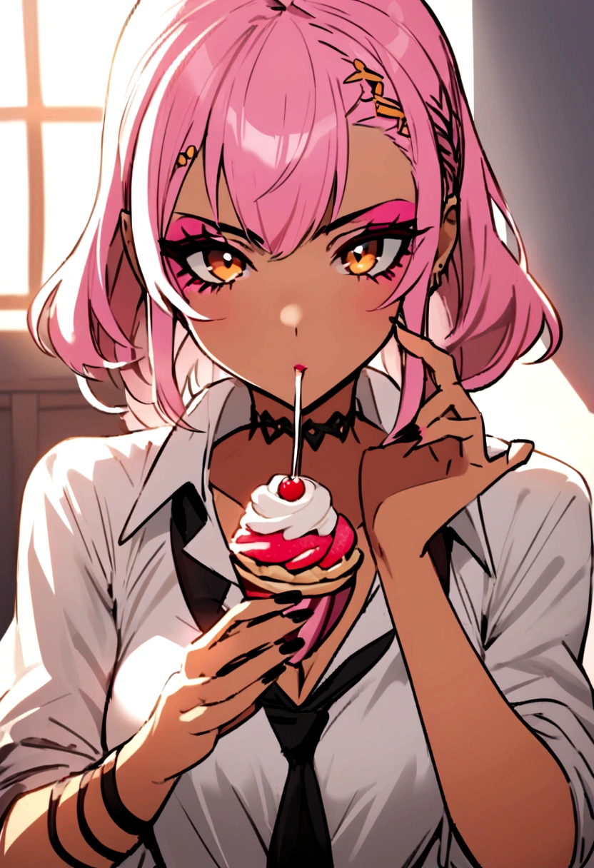 Pink hair girl, tez morena, with gyaru makeup and dressed as gyaru hime with a dessert in her hand