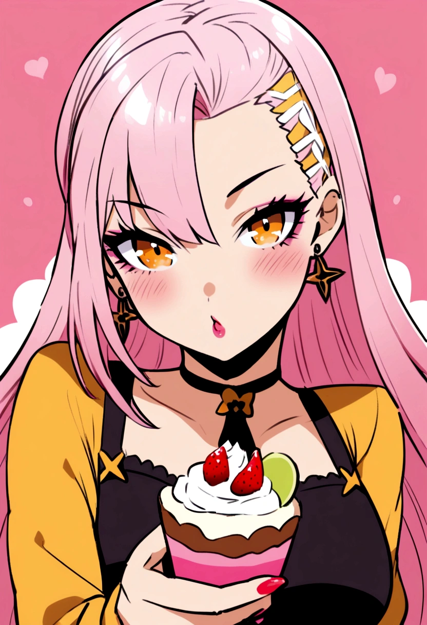 blush, cleavage,red fingerless gloves,glowing aura, natural light, masterpiece, glossy skin, juicy lips ,long hair, cute, kawaii, adorable, reaching up, adult, cuddle, kawaii clothes,random hair style, random clothes, black hair, (((pink streaks in hair))), yellow eyes,