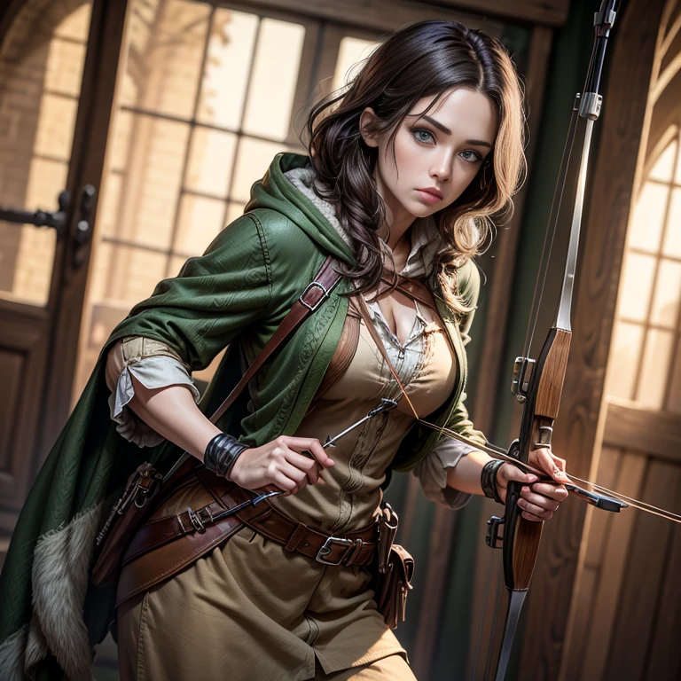 Female Robin hood toned in holding a crossbow, archer