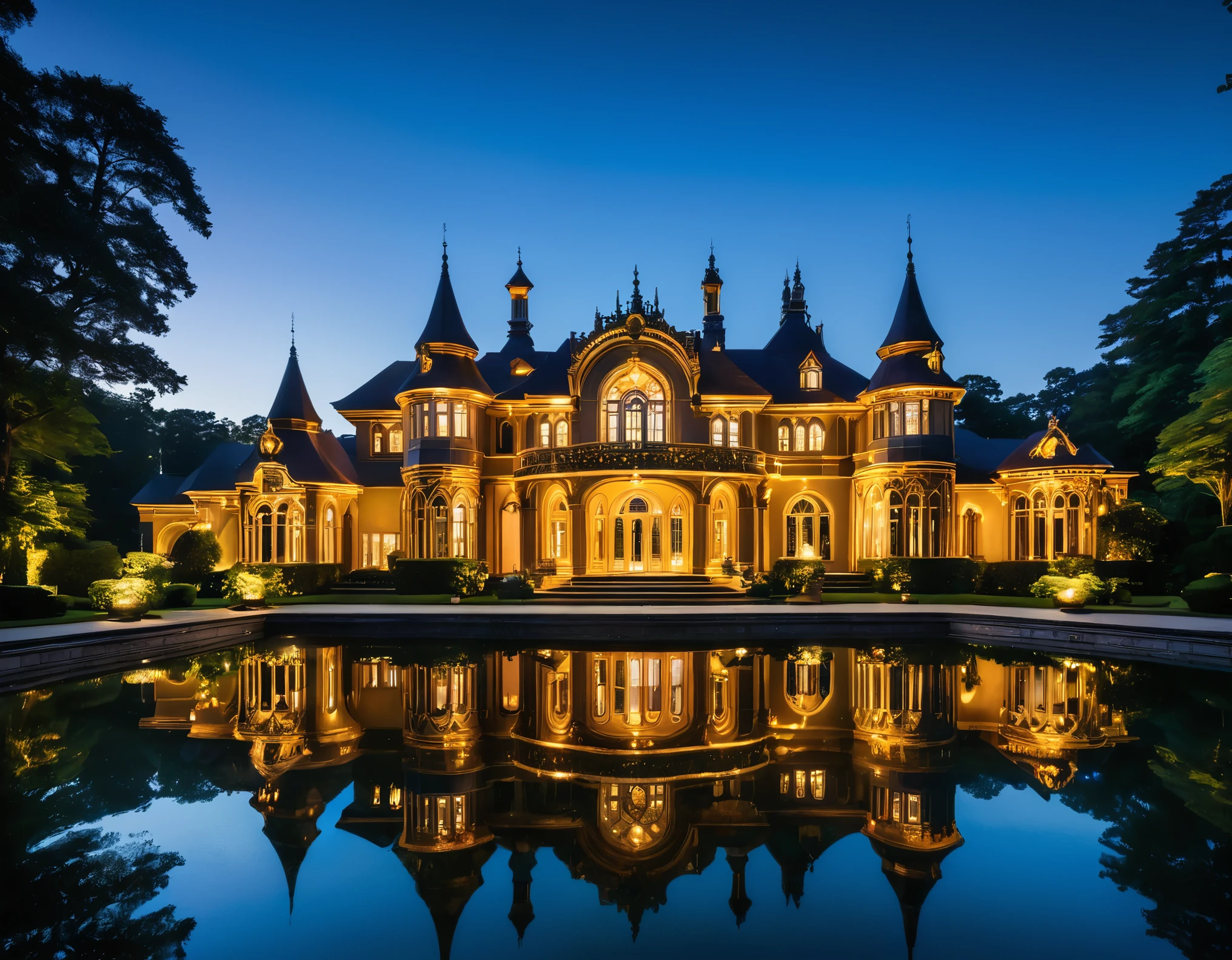 An intricately designed, glowing wooden mansion sits majestically on a serene lake. The mansion, with its polished and ornate architecture, is illuminated warmly from within, casting a mesmerizing reflection on the calm water below. The structure features multiple turrets, arched windows, and decorative spires, creating a jewel-box effect. The scene is set against a dark, tranquil night sky, enhancing the golden glow emanating from the mansion's lights. The surrounding area is dotted with lush trees, their shadows adding depth to the peaceful ambiance