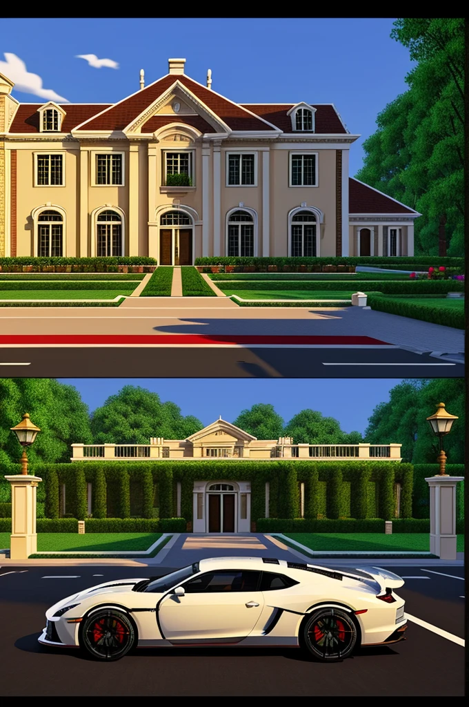 Mansion with luxury cars pixel art