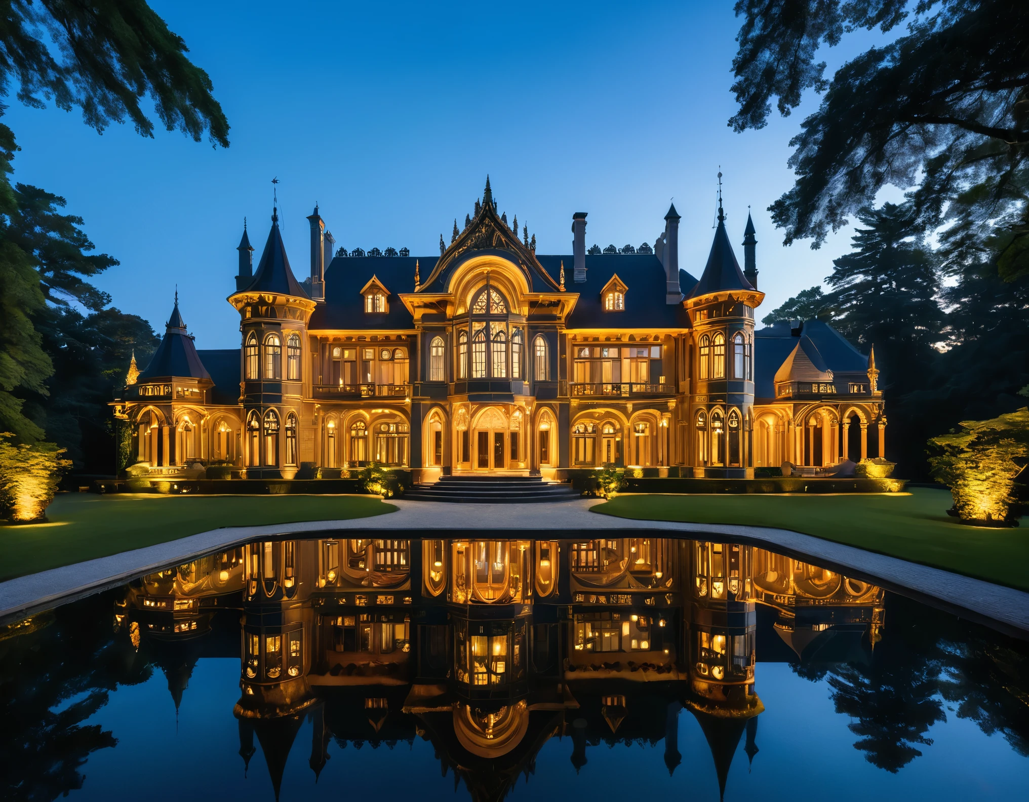 An intricately designed, glowing wooden mansion sits majestically on a serene lake. The mansion, with its polished and ornate architecture, is illuminated warmly from within, casting a mesmerizing reflection on the calm water below. The structure features multiple turrets, arched windows, and decorative spires, creating a jewel-box effect. The scene is set against a dark, tranquil night sky, enhancing the golden glow emanating from the mansion's lights. The surrounding area is dotted with lush trees, their shadows adding depth to the peaceful ambiance