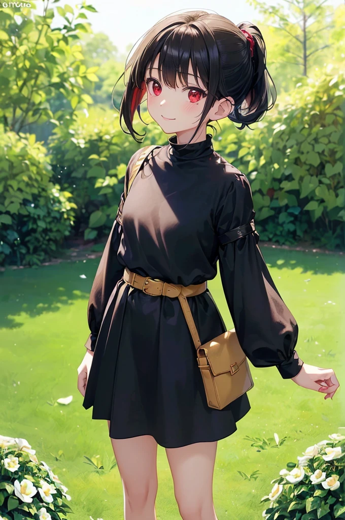 (masterpiece; best quality: 1.2), (finely detailed eyes: 1.3), (( female kid)), ((so), (red eyes: 1.4), (body; short, slender, small breasts: 1.3), (black hair in ponytail: 1.3), (beautiful and clear background: 1.2), ((depth of field)), (clothes: wanderer mage attire + white-and-gold wide-sleeve high-neck shirt + long black skirt + belts + traveler pouches and satchel: 1.3), (anime illustration: 1.2), (background; garden exterior: 1.1), (extremely fine and beautiful: 1.1), (shot composition; standing + centered on torso + close-up: 1.5), (expression; calm, smile: 1.2)