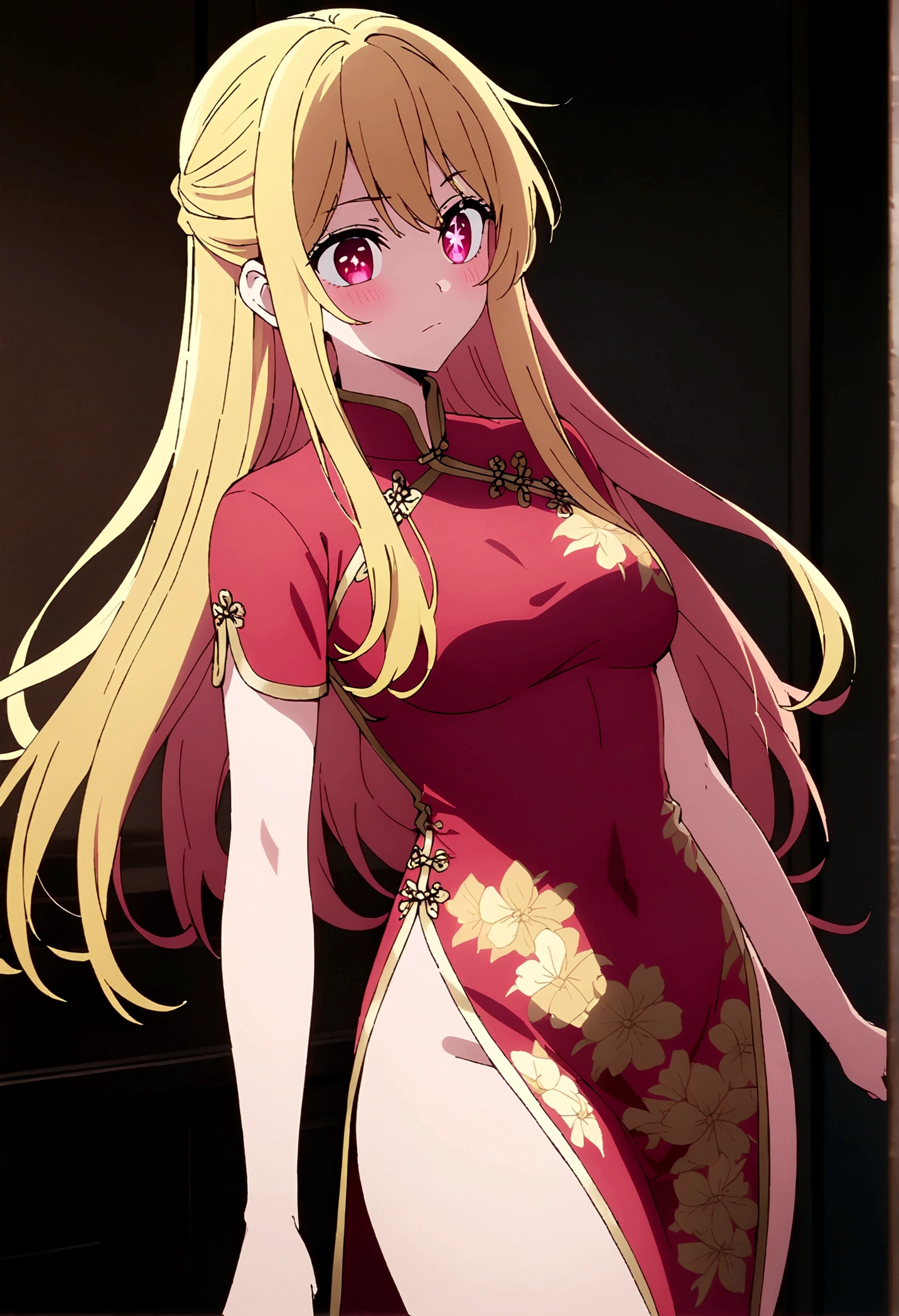 China dress, Gold embellished dress, HoshinoRuby, Star-shaped pupils, Ruby_Hoshino, Blonde, bangs, One girl, Pink Eyes, Long Hair, Cowboy Shot, masterpiece, Highly detailed CG,