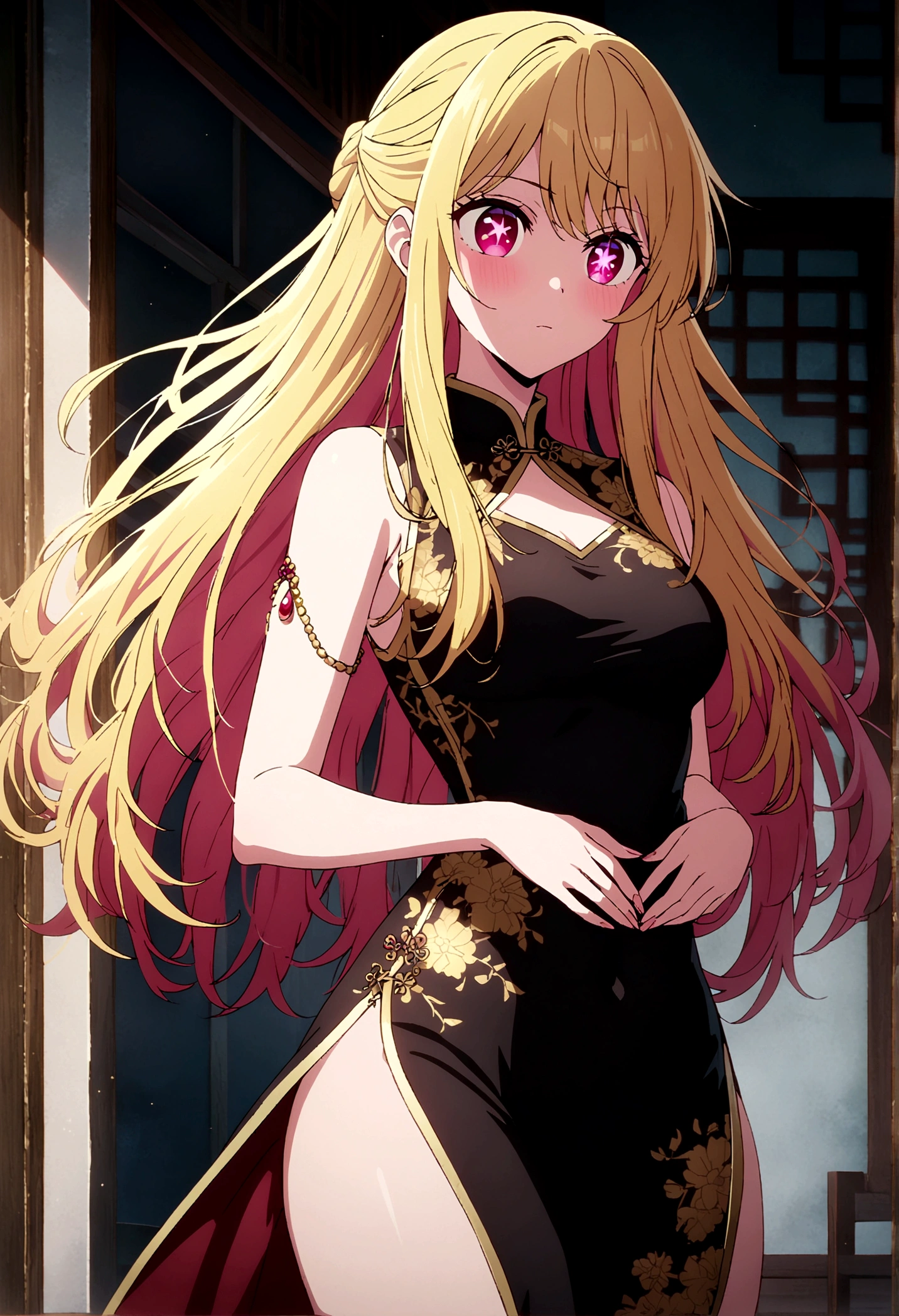 China dress, Gold embellished dress, HoshinoRuby, Star-shaped pupils, Ruby_Hoshino, Blonde, bangs, One girl, Pink Eyes, Long Hair, Cowboy Shot, masterpiece, Highly detailed CG,