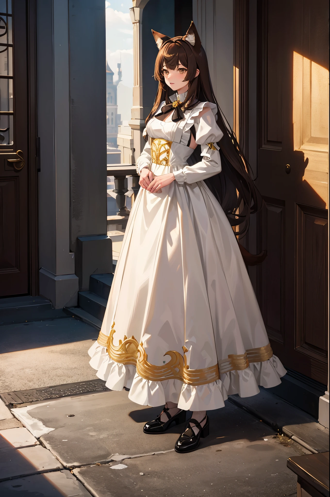 1woman, brown hair, gold eyes, wolf ears, wolf tail, maid dress, standing on ground, high res, ultra sharp, 8K, masterpiece