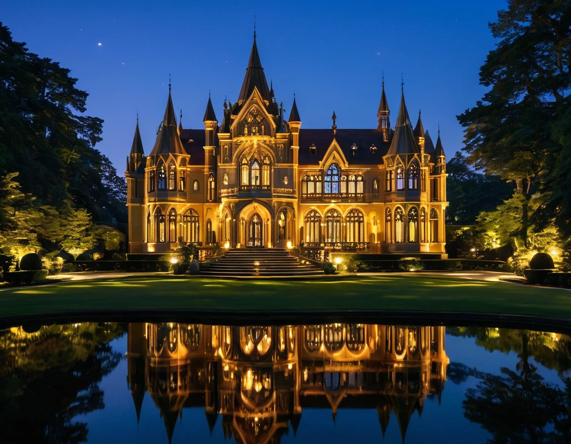 An intricately gothic designed, glowing wooden mansion sits majestically on a serene lake. The mansion, with its polished and ornate architecture, is illuminated warmly from within, casting a mesmerizing reflection on the calm water below. The structure features multiple turrets, arched windows, and decorative spires, creating a jewel-box effect. The scene is set against a dark, tranquil night sky, enhancing the golden glow emanating from the mansion's lights. The surrounding area is dotted with lush trees, their shadows adding depth to the peaceful ambiance