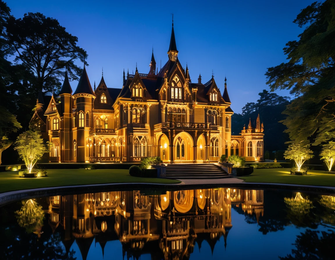 An intricately gothic designed, glowing wooden mansion sits majestically on a serene lake. The mansion, with its polished and ornate architecture, is illuminated warmly from within, casting a mesmerizing reflection on the calm water below. The structure features multiple turrets, arched windows, and decorative spires, creating a jewel-box effect. The scene is set against a dark, tranquil night sky, enhancing the golden glow emanating from the mansion's lights. The surrounding area is dotted with lush trees, their shadows adding depth to the peaceful ambiance