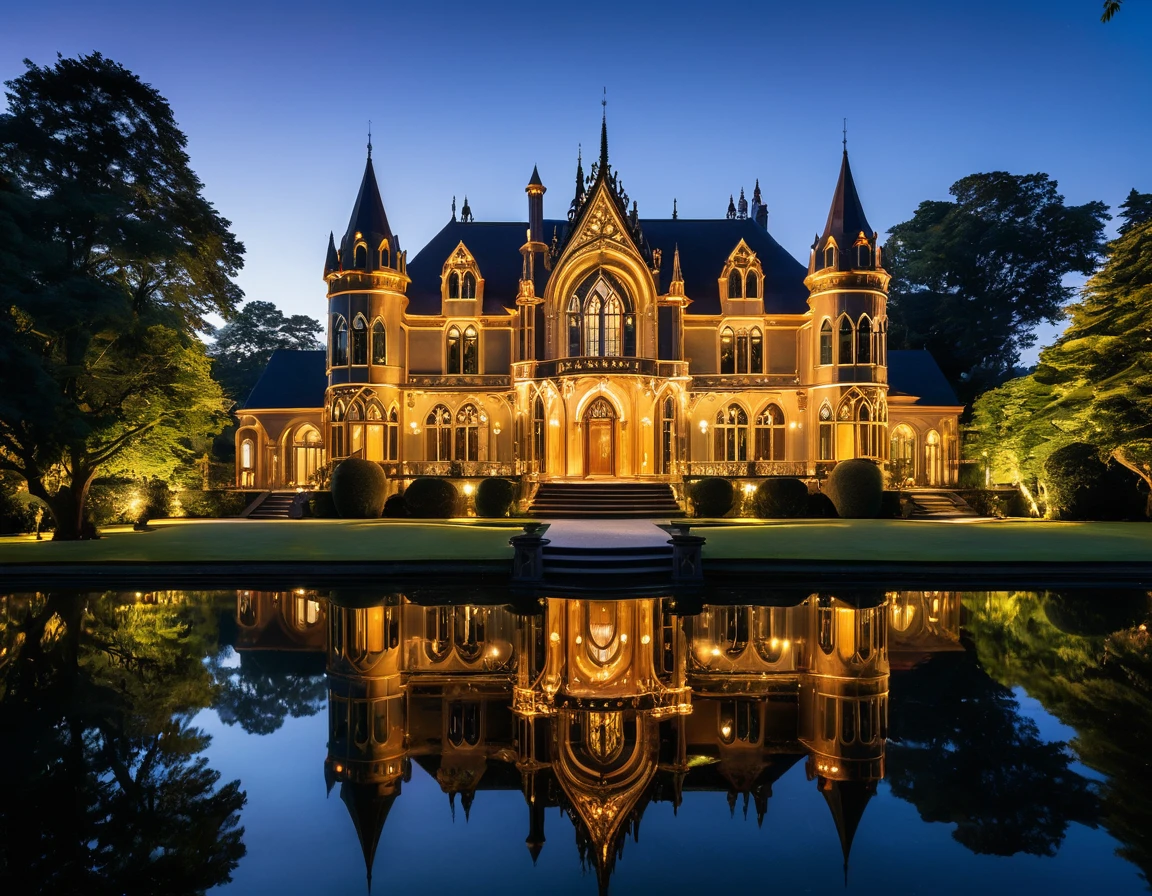 An intricately gothic designed, glowing wooden mansion sits majestically on a serene lake. The mansion, with its polished and ornate architecture, is illuminated warmly from within, casting a mesmerizing reflection on the calm water below. The structure features multiple turrets, arched windows, and decorative spires, creating a jewel-box effect. The scene is set against a dark, tranquil night sky, enhancing the golden glow emanating from the mansion's lights. The surrounding area is dotted with lush trees, their shadows adding depth to the peaceful ambiance