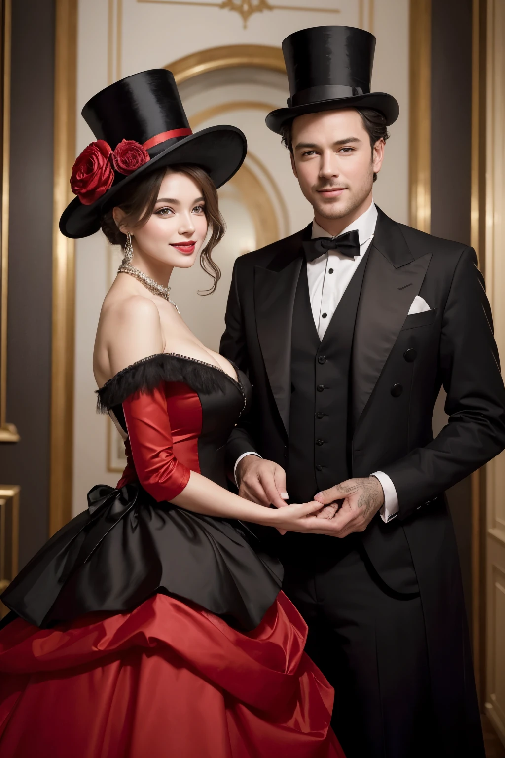 ((best qualityer)), ((work of art)), (detailded), 1 man and 1 woman both dressed in classic contemporary age clothing. She in a beautiful dress with shoulders showing and he with a top hat. are smiling, looking at yourself. red and black dress.