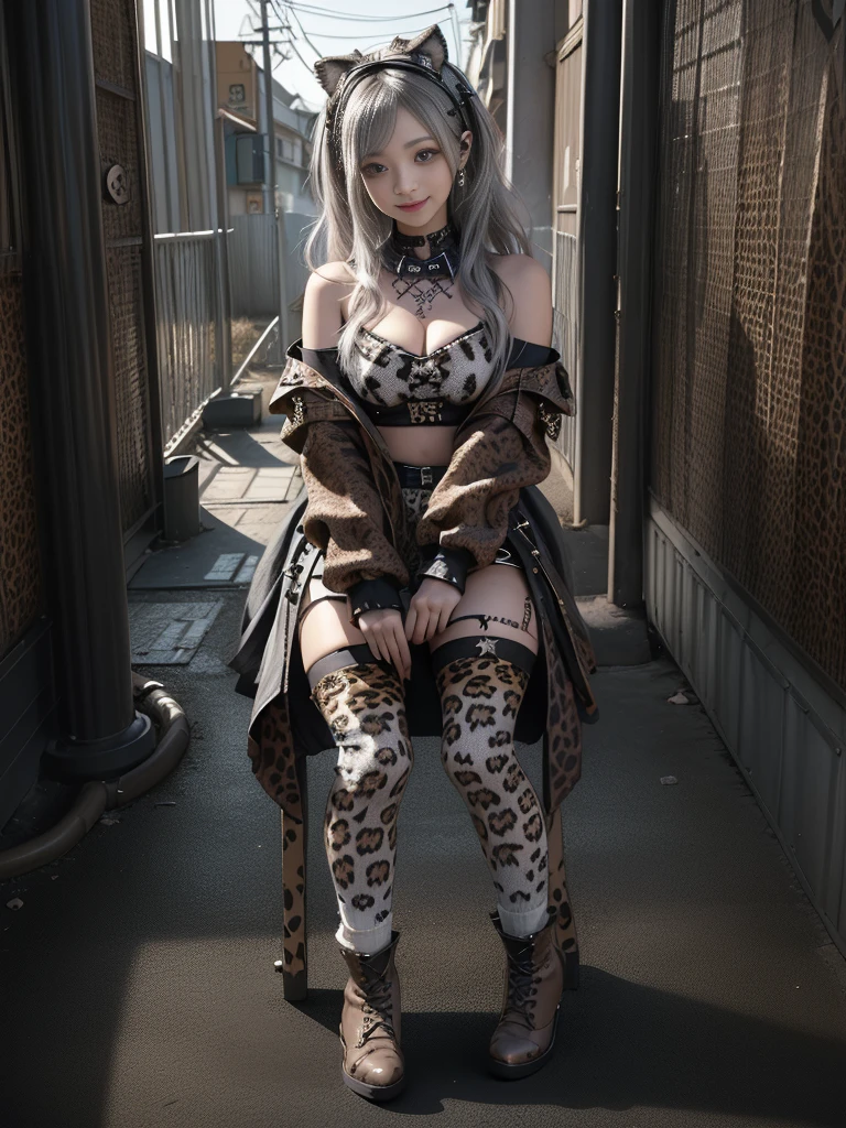 (Full Body View:1.2)、(Side view:1.1)、(Smiling with teeth showing:1.3),(Shibuya Gal:1.5)、(Super Idol:1.5)、(Detailed Gothic ta style fashion:1.5)、(Punk RockVisual Kei:1.5)、(An off-the-shoulder hoodie in brown and khaki with leopard print and decorated with delicate silver accessories.:1.5)、(Tattered leopard print denim micro bikini:1.5)、(head band:1.3)、(Black, charcoal and white knee socks:1.4)、Embellished collar and long boots、(I&#39;m selling leopard print underwear..:1.4)、(Age 25)、((Highest quality、8k、masterpiece:1.3))、1 Female、Slim and beautiful abs:1.3、(hairstyle casual、Beautiful boobs:1.1)、dress:1.1、Super small face、Narrow eyes、double eyelid、A sloppy smile、Esbian all over、Dynamic Angle、Close-up、CPL Filter、Blurred Background、Bokeh、Blue Hour、Detailed face and skin texture、Detailed eyes、,(Twin tails:1.3)、(Brown-golden hair:1.3)、Gravure idol、(The background is a glamorous dance hall:1.3)、(Make your legs thinner:1.4)、(Slim body:1.3)、(clavicle:1.1)


