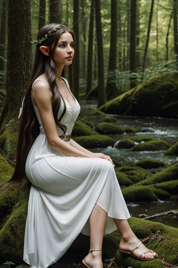 Line drawing of an elf woman, YOUNG, of long hair, dark and with small undulations, Beautiful face, and realistic features, in a sparkling white dress; is sitting on the edge of a forest